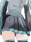  1girl aqua_hair ass ass_focus black_skirt commentary detached_sleeves from_behind grey_shirt hatsune_miku head_out_of_frame highres long_hair lower_body mamekiti_k pleated_skirt shirt simple_background skindentation skirt solo thigh_focus thighs unfinished vocaloid white_background zettai_ryouiki 