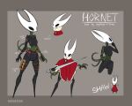 animal_humanoid arachnid arachnid_humanoid arthropod arthropod_humanoid astralynx black_body blue_blush blush blush_lines cloak clothed clothing crouching female hi_res hollow_knight_(franchise) hornet_(hollow_knight) humanoid melee_weapon model_sheet nude plant spider spider_humanoid standing sword team_cherry vines weapon