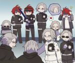  !? 6+boys ahoge aotsuki_eito armband arms_behind_back black_boots black_cloak black_gloves black_jacket black_pants black_streaks blue_eyes blush boots cloak closed_eyes commentary_request evil_grin evil_smile eyeliner facing_another gakuran glasses gloves grey_bag grey_hair grey_jacket grin hair_slicked_back headgear heart holding holding_sword holding_weapon hole_in_chest hole_on_body hood hoodie image_in_speech_bubble jacket jacket_over_hoodie last_defense_academy_school_uniform looking_at_another looking_at_hands makeup male_focus matsu_shimatsuki multicolored_hair multiple_boys multiple_persona official_alternate_hairstyle open_clothes open_jacket pants possessed purple_eyes red_eyeliner red_hair school_uniform short_hair sitting small_sweatdrop smile speech_bubble spoilers standing streaked_hair sumino_takumi sunglasses sword the_hundred_line_-last_defense_academy- thought_bubble too_many watermark weapon white_armband white_gloves white_hoodie white_jacket white_pants 
