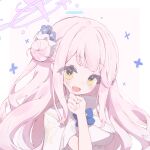  1girl :d artist_name blue_archive blue_bow blue_bowtie blush bow bowtie breasts capelet commentary_request crescent dress hair_bun hair_ornament hair_scrunchie halo long_hair looking_at_viewer mika_(blue_archive) partial_commentary pink_hair pink_halo scrunchie side_up_bun smile solo suwasui tongue white_background white_capelet white_dress white_scrunchie yellow_eyes 