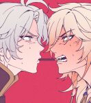  2boys anger_vein antenna_hair blonde_hair blue_eyes blush braid collared_shirt commentary_request eye_contact food food_in_mouth full-face_blush gradient_hair grey_hair honkai:_star_rail honkai_(series) korean_commentary looking_at_another male_focus multicolored_hair multiple_boys mydei_(honkai:_star_rail) nervous_sweating open_mouth phainon_(honkai:_star_rail) pocky pocky_in_mouth popped_collar profile red_background red_hair savior33550336 shirt side_braid single_braid sweat teeth 