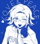  1boy :d aotsuki_eito blue_theme catchphrase chinese_commentary commentary_request english_text frukisthebest glasses gloves heart highres jacket light_blush looking_at_viewer male_focus monochrome one_eye_closed short_hair smile solo the_hundred_line_-last_defense_academy- thumbs_up 