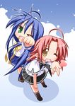  blue_hair green_eyes izumi_konata kogami_akira lucky_star red_hair school_uniform seifuku serafuku yellow_eyes 