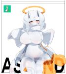 2025 absurd_res angel anthro big_breasts biped blush boxing_gloves breasts character_request cleavage clothed clothing curvy_figure digital_drawing_(artwork) digital_media_(artwork) enexofme english_text eyebrows eyelashes eyeshadow female fingers front_view hair halo handwear hi_res hourglass_figure huge_breasts kangaroo macropod makeup mammal marsupial pupils reference_image simple_background slit_pupils small_waist solo standing tail text the_battle_cats thick_thighs topwear white_body white_clothing white_ears white_hair white_tail white_wings wide_hips wings yellow_eyes