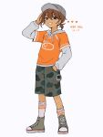  1boy :d arm_up baseball_cap brown_eyes brown_hair camouflage camouflage_shorts character_name commentary converse dark-skinned_male dark_skin dated double_horizontal_stripe drawstring from_below full_body green_shoes grey_hat grey_hoodie grey_shorts grin hand_in_pocket happy_birthday hat heart hector_(omori) highres hood hood_down hoodie kel_(birthday)_(omori) kel_(faraway)_(omori) kel_(omori) kneehighs layered_sleeves leg_hair long_sleeves low_ponytail male_focus official_alternate_costume official_alternate_hairstyle omori orange_shirt ponytail puffy_long_sleeves puffy_sleeves sebon_(sebochin) shirt shoelaces shoes short_hair short_over_long_sleeves short_ponytail short_sleeves shorts simple_background smile socks solo standing symbol-only_commentary v-shaped_eyebrows white_background white_socks 