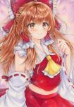  1girl 2424yume absurdres ascot blush bow brown_eyes brown_hair closed_mouth commentary detached_sleeves frilled_bow frilled_hair_tubes frills hair_bow hair_tubes hakurei_reimu highres long_hair looking_at_viewer marker_(medium) midriff navel red_bow red_skirt ribbon-trimmed_sleeves ribbon_trim skirt skirt_set smile solo touhou traditional_media yellow_ascot 