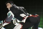  1boy ao_isami ass bara black_hair commentary_request highres looking_back male_focus mecha_interior mecha_pilot_suit noomi short_hair small_sweatdrop solo yuuki_bakuhatsu_bang_bravern 