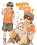  1boy 1girl :d ;d absurdres animal asymmetrical_legwear baby ball baseball_cap basketball_(object) black_eyes brother_and_sister brown_hair camouflage camouflage_shorts carrying carrying_baby carrying_person character_name clothes_writing converse cropped_legs cup dated dog double-parted_bangs double_horizontal_stripe drawstring drinking_straw english_text foreshortening full_body glass green_shoes green_shorts grey_hat grey_hoodie grey_shoes hair_behind_ear hand_in_pocket happy_birthday hashtag-only_commentary hat hector_(omori) highres hood hood_down hoodie kel_(birthday)_(omori) kel_(faraway)_(omori) kel_(omori) kneehighs knees_up layered_sleeves leg_hair long_sleeves looking_at_another looking_at_viewer low_ponytail multiple_views notice_lines official_alternate_costume official_alternate_hairstyle omori one_eye_closed open_mouth orange_shirt pacifier ponytail puffy_long_sleeves puffy_sleeves sally_(omori) salt_xs2 shirt shoelaces shoes short_hair short_over_long_sleeves short_ponytail short_sleeves shorts siblings simple_background sitting smile socks standing star_(symbol) sweatdrop tareme teeth uneven_legwear upper_teeth_only v very_short_hair white_background white_socks 