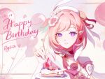  1girl balloon beret breasts cake_stand character_name commentary_request diamond-shaped_pupils diamond_(shape) dress earrings elf elysia_(herrscher_of_human:_ego)_(honkai_impact) elysia_(honkai_impact) food fruit happy_birthday hat heart heart_earrings heli_(jnkz7354) highres honkai_(series) honkai_impact_3rd jewelry large_breasts long_hair looking_at_viewer parted_lips pink_hair pointy_ears purple_eyes red_dress solo strawberry symbol-shaped_pupils upper_body very_long_hair 