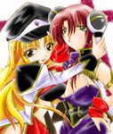  2girls bangs blonde_hair blue_eyes breasts cleavage cleavage_cutout forte_stollen franboise_ranpha galaxy_angel long_hair looking_at_viewer monocle multiple_girls peaked_cap ranpha_franboise red_hair side_slit smile stollen_forte yellow_eyes 