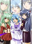  3girls bangs blancmanche_mint blue_eyes blue_hair brown_eyes galaxy_angel green_hair karasuma_chitose long_hair looking_at_viewer looking_back midriff mint_blancmanche multiple_girls open_mouth red_eyes short_hair smile vanilla vanilla_h 