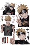  ! ... 2boys :3 blonde_hair blue_eyes dog facial_mark flak_jacket forehead_protector hatake_kakashi highres jacket kunai looking_at_viewer male_focus mask mouth_mask multiple_boys multiple_views naruto_(series) one_eye_closed pakkun_(naruto) paw_pose short_hair shuriken simple_background spiked_hair spoken_ellipsis sso_s thumbs_up translation_request upper_body uzumaki_naruto v weapon whisker_markings white_background white_hair 