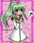  1girl bangs character_name galaxy_angel green_hair high_ponytail long_hair microphone ponytail poorly_drawn red_eyes simple_background singing solo spoken_musical_note star vanilla vanilla_h 