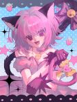  1girl animal_ears bare_shoulders bell black_border blue_background border bow breasts cat_ears cat_girl cat_tail chinese_commentary choker circle_skirt cleavage commentary_request cowboy_shot damie_404 detached_sleeves dress eyelashes fang food fruit gloves gradient_background hair_between_eyes hair_intakes halftone halftone_background happy highres holding holding_instrument instrument letterboxed light_blush looking_at_viewer magical_girl mew_ichigo momomiya_ichigo open_mouth outside_border paw_pose pendant_choker pink_bow pink_choker pink_dress pink_eyes pink_gloves pink_hair pink_sleeves pleated_dress polka_dot polka_dot_background procreate_(medium) puffy_short_sleeves puffy_sleeves short_hair short_sleeves smile solo sparkle star_(symbol) strapless strapless_dress strawberry tail tail_bell tail_bow tail_ornament tokyo_mew_mew 