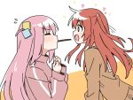  +_+ 2girls blush bocchi_the_rock! brown_shirt closed_eyes commentary cube_hair_ornament flying_sweatdrops food food_in_mouth gotoh_hitori hair_ornament haru_(konomi_150) heart jacket kita_ikuyo long_hair multiple_girls one_side_up open_mouth pink_hair pink_jacket pocky pocky_day pocky_in_mouth red_hair school_uniform serafuku shirt shuka_high_school_uniform smile sparkle track_jacket two-tone_background white_background yellow_background yuri 