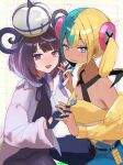  2girls aqua_hair bandeau black_dress black_hair black_mask blonde_hair blue_eyes blue_gloves blunt_bangs blush bob_cut breasts canari_(pokemon) cleavage closed_mouth coat criss-cross_straps dark-skinned_female dark_skin dress gloves gradient_hair gwynn_(pokemon) hat heart highres jacket long_sleeves looking_at_viewer mask mask_pull medium_breasts mega_stone mouth_mask multicolored_hair multiple_girls open_clothes open_coat open_mouth pants pantyhose partially_fingerless_gloves pokemon pokemon_legends:_z-a purple_eyes purple_hair ringosan2329 short_hair short_twintails smile split-color_hair sports_bra twintails two-tone_hair two-tone_mask two-tone_pants white_coat yellow_bandeau yellow_jacket yellow_mask yellow_sports_bra 