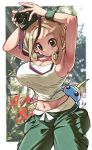  1girl blonde_hair breasts camera capri_pants green_eyes green_pants holding holding_camera large_breasts midriff pants pokemon pokemon_(creature) pokemon_xy shirt sleeveless sleeveless_shirt surskit viola_(pokemon) white_shirt wristband yoshikage_(yo4kage) 