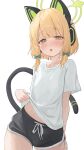  1girl absurdres alternate_costume animal_ear_headphones animal_ears aqua_bow arm_behind_back black_shorts blue_archive blunt_bangs blush bow casual cat_ear_headphones cat_ears cat_tail clothes_lift collarbone commentary cowboy_shot dolphin_shorts fake_animal_ears fake_tail green_eyes green_halo hair_bow halo hand_up headphones highres lifting_own_clothes looking_at_viewer medium_hair midori_(blue_archive) midriff_peek open_mouth shirt shirt_lift short_sleeves shorts sidelocks simple_background solo springrain_06 sweatdrop t-shirt tail tongue tongue_out white_background white_shirt 