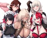  5girls apron ayase_momo azur_lane bare_shoulders black_dress black_hair black_shirt blunt_bangs blush bra braid breasts brown_gloves brown_hair chain chain_necklace choker cleavage collar collared_shirt colored_inner_hair crossed_bangs dandadan dark-skinned_female dark_skin dress earrings elbow_gloves ellen_joe fate/grand_order fate_(series) fur_collar gloves grey_eyes grin hair_between_eyes hair_bobbles hair_ornament hair_over_one_eye hairband highres horns jacket jewelry kasai_seira large_breasts long_hair long_sleeves looking_at_viewer low_twin_braids maid_headdress matsunaga_hisahide_(fate) metal_collar metal_hairband multicolored_hair multiple_girls necklace open_mouth owari_(azur_lane) pink_hair pink_sweater puffy_short_sleeves puffy_sleeves red_bra red_eyes red_hair red_jacket shiroshisu shirt short_hair short_sleeves smile sono_bisque_doll_wa_koi_wo_suru spiked_headband split-color_hair sweater tongue tongue_out twin_braids twintails underwear voice_actor_connection waist_apron wakayama_shion white_apron white_bra white_hair white_shirt white_sleeves wide_sleeves wrist_cuffs zenless_zone_zero 