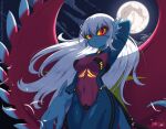  1girl arm_at_side arm_behind_head arm_up armpits artist_name asymmetrical_sleeves black_sky blue_skin bodysuit closed_mouth cloud collarbone colored_sclera colored_skin commentary cowboy_shot dragon_girl english_commentary full_moon furry furry_female glowing long_hair long_sleeves looking_at_viewer moon multicolored_skin navel neon_trim night outdoors patreon_logo patreon_username personification pokemon pokemon_(creature) red_eyes red_skin red_wings rilex_lenov roaring_moon see-through_bodysuit see-through_clothes short_sleeves sidelocks sky solo spread_wings standing stomach tail thick_thighs thighs two-tone_skin very_long_hair watermark web_address white_hair wide_hips wind wings yellow_sclera 
