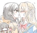  2girls asakura_karen_(heaven_burns_red) bang_dream! bang_dream!_it&#039;s_mygo!!!!! black_hair blonde_hair blue_jacket blush bow bowtie braid closed_eyes flying_sweatdrops food full-face_blush half_up_braid hood hoodie jacket long_hair multiple_girls opi orange_hoodie pocky pocky_day pocky_kiss red_bow red_bowtie simple_background toujou_tsukasa white_background yellow_eyes yuri 