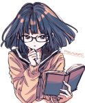  1girl :o artist_name black-framed_eyewear black_eyes black_hair black_sailor_collar book brown_neckerchief brown_sweater commentary cropped_torso glasses hand_up holding holding_book long_sleeves looking_at_viewer neckerchief open_book original parted_lips sailor_collar school_uniform serafuku short_hair signature simple_background sketch solo sugano_manami sweater upper_body white_background 