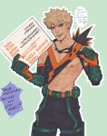  abs bakugou_katsuki blonde_hair boku_no_hero_academia earrings english_text highres jewelry looking_at_viewer male_focus nipple_bar nipple_piercing outline pectorals piercing short_hair spacenipnops spiked_hair superhero_costume teeth toned toned_male twitter_strip_game white_outline 