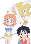  1boy 2girls absurdres ahoge animal_ears armpits arms_behind_back arms_behind_head arms_up black_hair blonde_hair blush breasts brown_eyes carrot_(one_piece) cleavage closed_mouth curvy feet_out_of_frame from_side hat highres holding holding_staff japanese_clothes jewelry kimono knees large_breasts looking_at_viewer martinsdmelo miniskirt monkey_d._luffy multiple_girls nami_(one_piece) necklace official_alternate_costume one_piece orange_hair overalls profile puckered_lips rabbit_ears rabbit_girl red_kimono shirt short_hair short_sleeves simple_background skirt smile sparkle staff star_(symbol) star_necklace straw_hat thigh_gap thighs unworn_hat unworn_headwear upper_body white_background white_fur white_shirt yellow_overalls yellow_skirt 