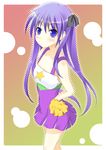  bare_shoulders blue_eyes border cheerleader collarbone dress gradient gradient_background hiiragi_kagami long_hair looking_at_viewer lucky_star multicolored multicolored_background purple_hair shio sleeveless sleeveless_dress solo standing star twintails 