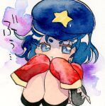  1girl :t black_shoes black_skirt blue_eyes blue_hair blue_hat closed_mouth commentary_request full_body hat hat_ornament looking_at_viewer miyako_yoshika newsboy_cap no_ofuda painting_(medium) pppppks red_shirt shirt shoes short_hair sitting skirt solo star_(symbol) star_hat_ornament touhou traditional_media watercolor_(medium) 