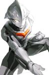  1boy alien arm_blade bokyo color_timer colored_skin commentary_request fighting_stance grey_skin highres looking_at_viewer male_focus simple_background solo tokusatsu ultra_series ultraman_nexus ultraman_nexus_(series) ultraman_nexus_anphans weapon white_background 