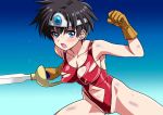  1girl black_hair blue_background breasts brown_eyes brown_gloves circlet clothing_cutout cowboy_shot dragon_quest dragon_quest_iii gloves gradient_background heroine_(dq3) highleg highleg_one-piece_swimsuit highres medium_breasts one-piece_swimsuit open_mouth red_one-piece_swimsuit revealing_swimsuit_(dq) short_hair solo stomach_cutout swimsuit sword torn_clothes weapon yuuyuu_(3jjbn) 
