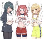  3girls bike_shorts bike_shorts_under_shorts blonde_hair blue_eyes blush braid brown_hair clothes_lift commentary_request dolphin_shorts fang french_braided_twintails fujita_kotone gakuen_idolmaster green_eyes green_hair hair_bun hair_ribbon hanami_saki highres hoshinopurin idolmaster lifting_own_clothes long_hair long_sleeves looking_at_viewer low_twin_braids midriff multiple_girls navel open_mouth pantyhose red_hair ribbon shirt shirt_lift shorts simple_background skin_fang stomach sweater sweater_lift translation_request tsukimura_temari twin_braids two_side_up very_long_hair white_background white_shirt yellow_eyes 