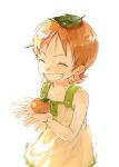  1girl aged_down bare_arms bare_shoulders clenched_teeth closed_eyes collarbone commentary dress food fruit grin highres holding holding_food holding_fruit kathierenn1394 leaf leaf_on_head light_blush mandarin_orange nami_(one_piece) one_piece orange_hair short_hair smile solo teeth upper_body white_background 