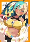  1girl absurdres aqua_hair bandeau black_mask blonde_hair blue_eyes blue_skin blush breasts canari_(pokemon) carrot_summer cleavage closed_eyes closed_mouth collarbone colored_sclera colored_skin criss-cross_straps dark-skinned_female dark_skin eel eelektross fangs fish highres jacket lamprey large_breasts long_sleeves looking_at_viewer mask mask_pull mega_eelektross mega_pokemon mega_stone mouth_mask multicolored_hair multicolored_skin navel one_eye_closed open_mouth pants pokemon pokemon_(creature) pokemon_legends:_z-a red_sclera short_twintails smile split-color_hair sports_bra twintails two-tone_hair two-tone_mask two-tone_skin white_skin yellow_bandeau yellow_jacket yellow_mask yellow_sports_bra 