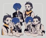  2boys aqua_eyes black_hair black_trim blue_eyes blue_hair bowl burger chopsticks collared_shirt cropped_torso eating flying_sweatdrops food gekkoukan_high_school_uniform grey_background hair_over_one_eye hair_slicked_back headphones headphones_around_neck highres holding holding_burger holding_food holding_utensil inset_border jacket lapels male_focus mochizuki_ryouji mole mole_under_eye multiple_boys multiple_views neck_ribbon nervous_sweating noodles notched_lapels one_eye_covered parted_bangs persona persona_3 ramen ribbon scarf school_uniform shirt sitting sleeve_cuffs sweat sweatdrop takoyaki teketeke_(tasutekete) utensil white_shirt wing_collar yellow_scarf yuuki_makoto_(persona_3) 