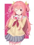  1girl blush bow cardigan grey_skirt heart heart_hands highres long_hair long_sleeves looking_at_viewer momoi_airi official_alternate_costume one_eye_closed open_mouth pink_background pink_eyes pink_hair project_sekai sailor_collar school_uniform shirt skirt solo suzu_(user_zyze2483) two_side_up white_sailor_collar yellow_cardigan 