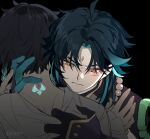  2boys ahoge aqua_hair arm_tattoo asymmetrical_clothes asymmetrical_gloves bead_necklace beads black_background black_gloves black_hair blue_hair braid chinese_commentary closed_mouth clothes_grab detached_sleeves eyeshadow facial_mark forehead_mark frilled_sleeves frills genshin_impact gloves glowing glowing_tattoo gradient_hair green_gloves green_hair hair_between_eyes hand_on_another&#039;s_back hand_on_another&#039;s_neck highres hug jewelry kayu_(yukagoin) long_hair long_sleeves looking_down makeup male_focus multicolored_hair multiple_boys neck_tattoo necklace parted_bangs red_eyeshadow shirt short_hair short_hair_with_long_locks shoulder_pads simple_background single_bare_shoulder single_detached_sleeve slit_pupils tattoo twin_braids twitter_username two-tone_hair upper_body venti_(genshin_impact) white_shirt xiao_(genshin_impact) yaoi yellow_eyes 