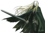  artist_request blonde_hair claymore claymore_(sword) cloak holding holding_sword holding_weapon irene_(claymore) long_hair one_eye_covered pointy_ears silver_eyes solo strap sword weapon white_background 