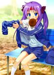  anpan blue_eyes food gym_shorts gym_uniform hair_ribbon headband hiiragi_kagami jacket lucky_star mouth_hold mutsuki_(moonknives) purple_hair ribbon shorts solo track_jacket 