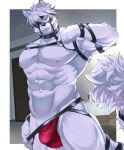  1boy abs animal_ears bara bulge chest_harness claws closed_mouth colored_tips commentary furry furry_male harness highres jockstrap looking_at_viewer male_focus male_underwear multicolored_hair muscular muscular_male navel nipples ohajiki_(humukeaka1) pectorals red_eyes red_male_underwear tail underwear von_lycaon wolf_boy wolf_ears wolf_tail zenless_zone_zero 