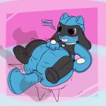 2018 abstract_background absurd_res ambiguous_gender anthro artist_name big_diaper blush blush_stickers collar cryo_lithius dialogue diaper feces generation_4_pokemon hand_on_diaper hi_res lock ludis-luteo lying nintendo on_back permanent_smile plushsuit pokeball pokeball_collar pokemon pokemon_(species) pooping riolu sergal signature smoosh_(sound_effect) soiled_diaper soiling soiling_diaper solo speech_bubble stink_fumes tail tailsock text touching_diaper unclean_diaper used_diaper