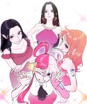  4girls arm_tattoo bare_shoulders black_hair blue_eyes boa_hancock breasts commentary crossed_arms dress earrings hair_slicked_back halterneck hand_on_own_hip headphones highres jewelry korean_commentary large_breasts long_hair looking_at_viewer multicolored_hair multiple_girls nami_(one_piece) nico_robin one_eye_closed one_piece orange_eyes orange_hair purple_eyes red_hair seoljooooo sidelocks skirt smile snake_earrings tattoo tongue tongue_out twintails two-tone_hair uta_(one_piece) white_hair 