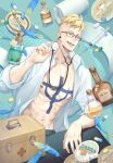  1boy anchor_tattoo beard_stubble blonde_hair box collared_shirt facial_hair feathers first_aid_kit glasses holding holding_stethoscope male_focus marco_(one_piece) medicine one_piece shadow shirt short_hair smile solo stethoscope stubble syringe tattoo white_shirt yoshicha 
