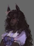  1girl animal_ears black_hair closed_mouth curly_hair dark-skinned_female dark_skin english_commentary friesian_horse_girl grey_background hair_over_one_eye highres horse_ears lazuren light_smile lips long_hair looking_up mole mole_under_mouth original personification purple_shirt red_eyes school_uniform shirt short_sleeves simple_background solo tracen_school_uniform tracen_training_uniform umamusume upper_body very_dark_skin very_long_hair 