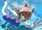  1girl absurdres agnes_tachyon_(umamusume) ahoge air_bubble animal_ears blue_one-piece_swimsuit blush breasts brown_hair bubble chemical_structure chinese_commentary collarbone commentary competition_school_swimsuit earrings hair_between_eyes highres horse_ears horse_girl horse_tail jewelry medium_breasts medium_hair nanaken_(qijian23092715) one-piece_swimsuit parted_lips pool red_eyes school_swimsuit single_earring single_vertical_stripe solo swimming swimsuit tail tail_through_clothes tracen_swimsuit umamusume underwater 