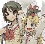  2girls :d animal_on_head arms_up aseupilin666 black_cat black_eyes black_hair blonde_hair blue_eyes bow bowtie cat cat_on_head height_difference lab_coat lapels long_hair long_sleeves multiple_girls necktie nichijou on_head open_mouth professor_shinonome red_bow red_necktie sailor_collar sailor_shirt sakamoto_(nichijou) school_uniform shinonome_nano shirt short_hair simple_background smile tareme tokisadame_school_uniform yellow_shirt zoom_layer 
