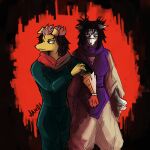 anthro asian_clothing black_hair canid canine canis choso_(jujutsu_kaisen) clothing domestic_dog duo east_asian_clothing female hair japanese_clothing jawd_1 jujutsu_kaisen mammal pink_hair white_body yellow_body yuji_itadori