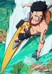 1boy arm_tattoo artist_name black_hair black_shorts bracelet commentary freckles from_above full_body hat highres jewelry majimartbcn male_focus necklace one_piece open_mouth orange_hat pearl_necklace portgas_d._ace short_hair shorts smile solo tattoo topless_male 