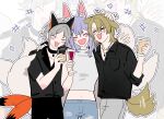  &gt;_&lt; +++ 1girl 2boys :3 :d ^_^ absurdres alcohol animal_ears arm_around_shoulder black_choker black_hairband black_pants black_shirt blue_pants blush breasts brown_hair chinese_commentary choker closed_eyes collarbone collared_shirt cowboy_shot crop_top cropped_shirt cup denim dog_boy dog_ears dog_tail dress_shirt drinking_glass earrings extra_ears facial_mark fake_animal_ears fang forehead_mark fox_boy fox_ears fox_girl fox_tail grey_pants hairband hand_on_another&#039;s_head hand_on_another&#039;s_shoulder head_tilt highres holding holding_cup jeans jewelry kayu_(yukagoin) kemonomimi_mode laughing leaning_to_the_side long_hair luca_kaneshiro medium_hair midriff mole mole_under_eye motion_lines multiple_boys multiple_tails mysta_rias navel necklace nijisanji nijisanji_en nina_kosaka open_mouth outline pants parted_bangs purple_hair shirt short_hair short_sleeves sleeve_rolled_up sleeveless sleeveless_shirt smile tail tail_wagging toasting_(gesture) torn_clothes torn_pants virtual_youtuber white_background white_shirt wine_glass zoom_layer 
